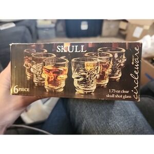 Set of 6 Skeleton Skull‎ Shot Glasses Clear 1.75 oz Halloween Circleware